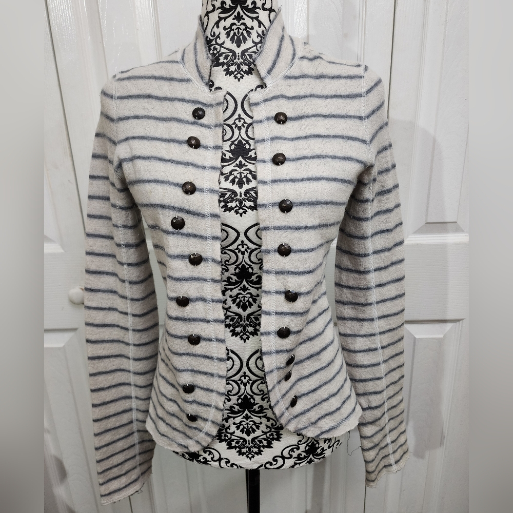 Free People Cream & Gray Striped 100% Wool Long Sleeve Cardigan